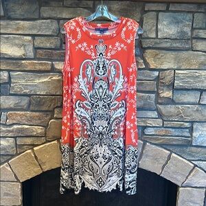Like NEW Apt. 9 - Sleeveless navy & orange patterned swing dress. Size L.